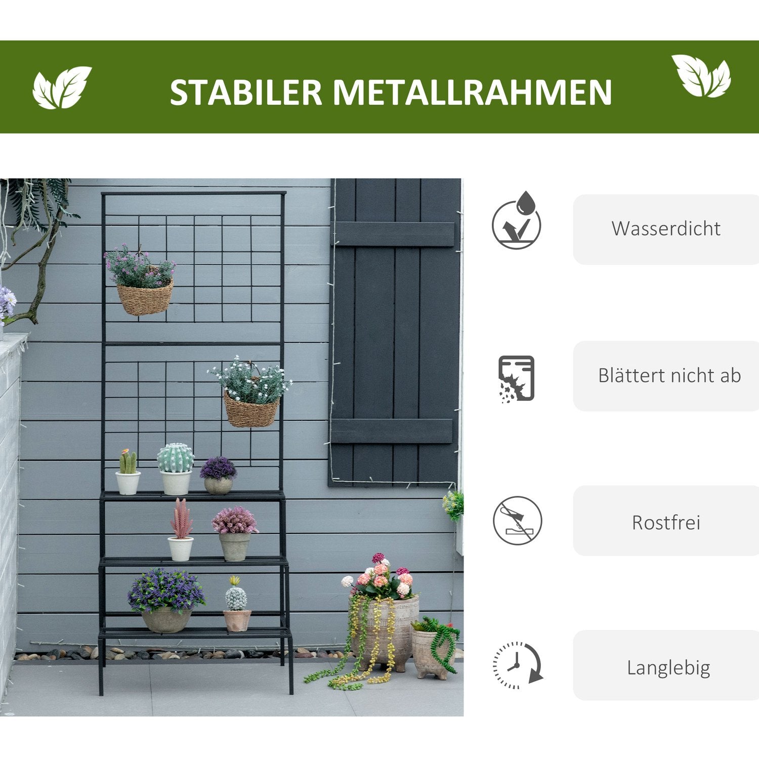 Plantställning i metall med 3 steg för inomhus- och utomhusbruk