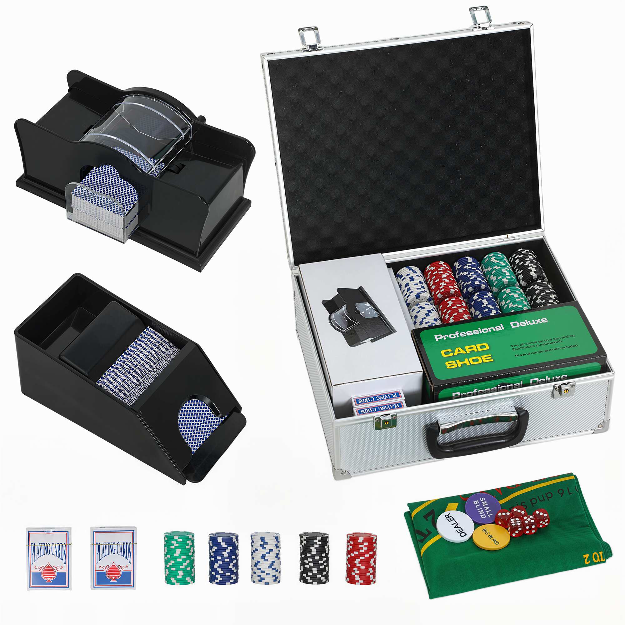 Pokerset med 300 marker, 2 kortlekar, tärningar, fodral för 8 spelare