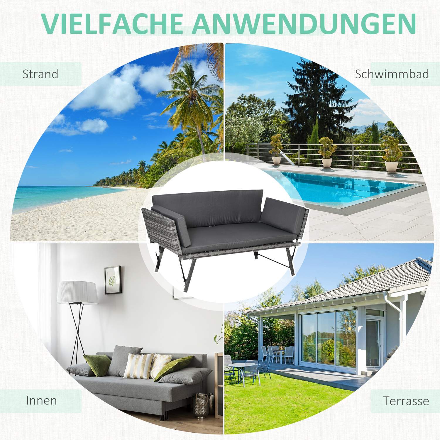 Polyrottangrå 2-sits trädgårdssoffa med hopfällbara armar