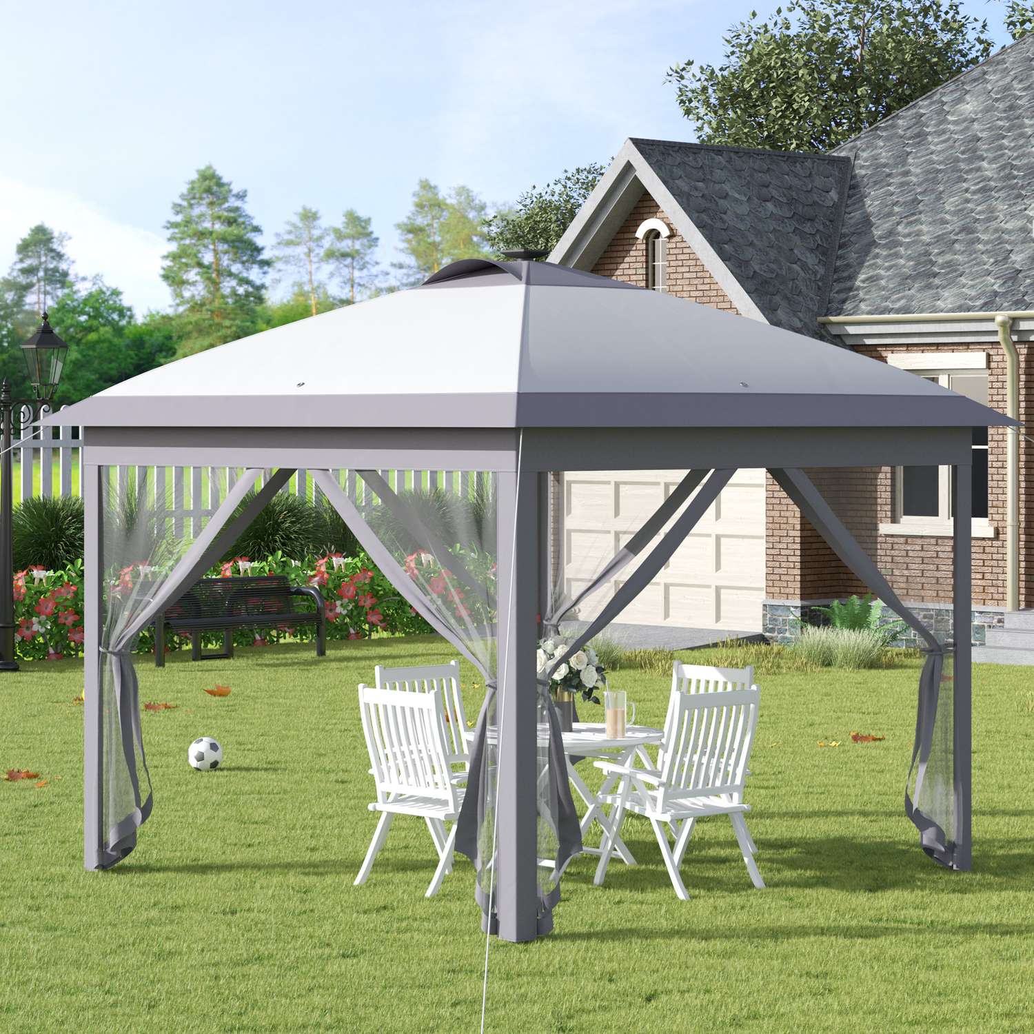 Pop-Up Gazebo 3,3x3,3M med LED, Meshväggar, Solskydd