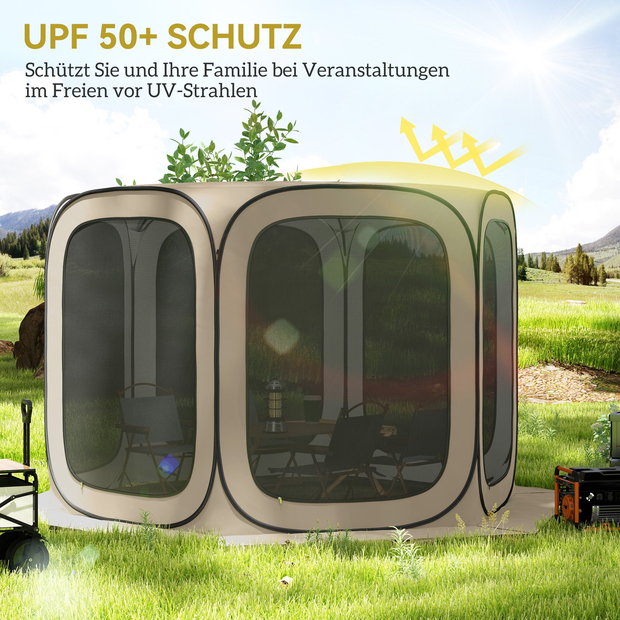 Pop-up campingtält, bärbart, UPF50+ skydd, nätsidor