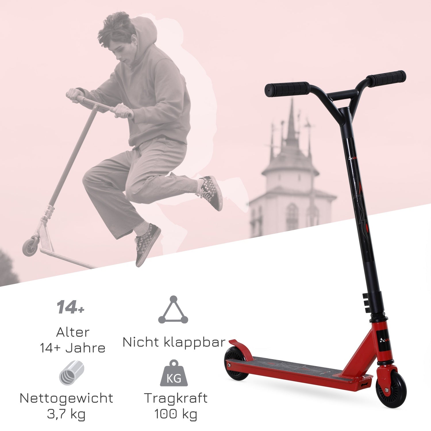 Pro Freestyle Stunt Scooter, Aluminium, 100 mm hjul, Röd