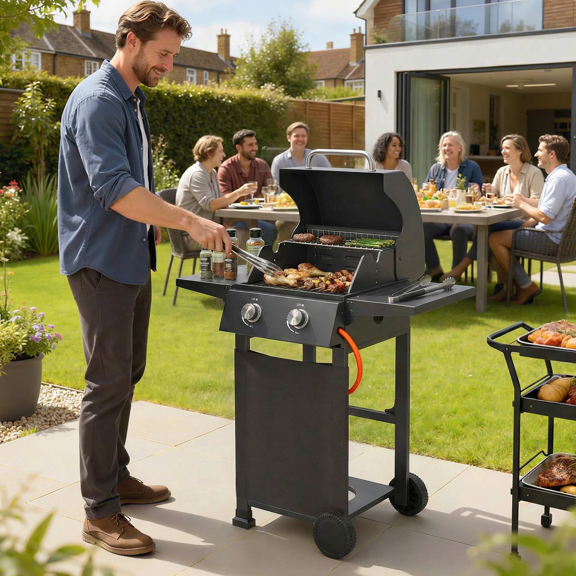 Propangasgrill med 2 brännare, fällbara hyllor, svart