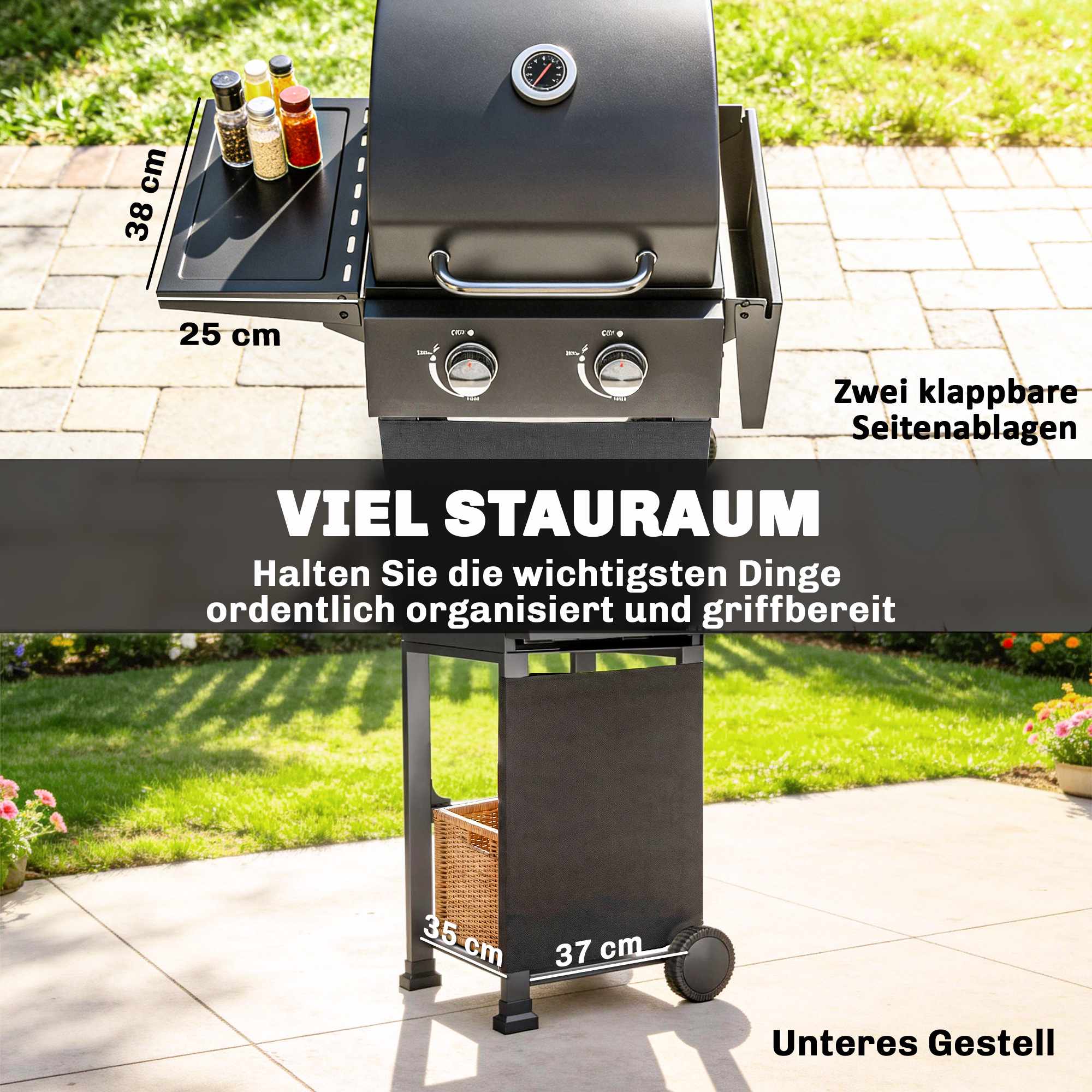 Propangasgrill med 2 brännare, fällbara hyllor, svart