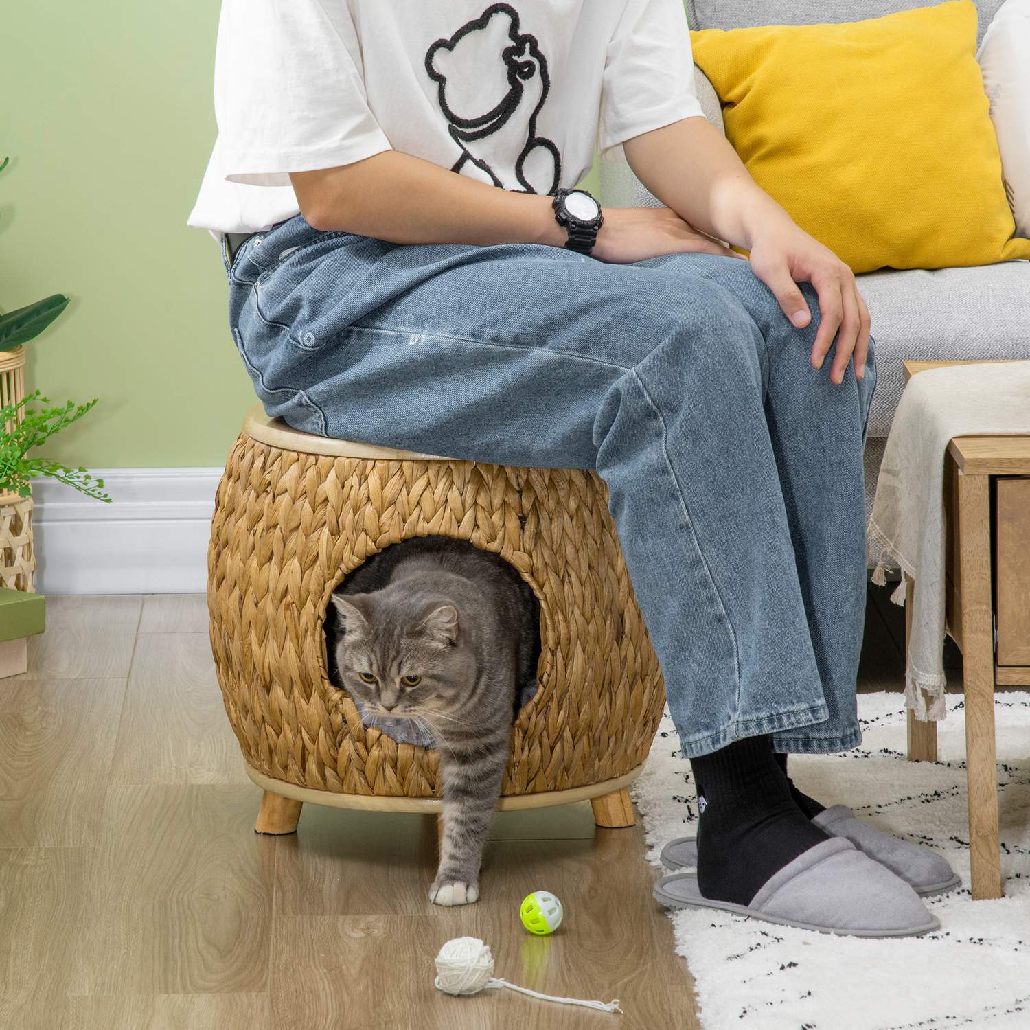 Rattan Cat Cave & Bed – 2-i-1 med kudde, 44x43x42cm