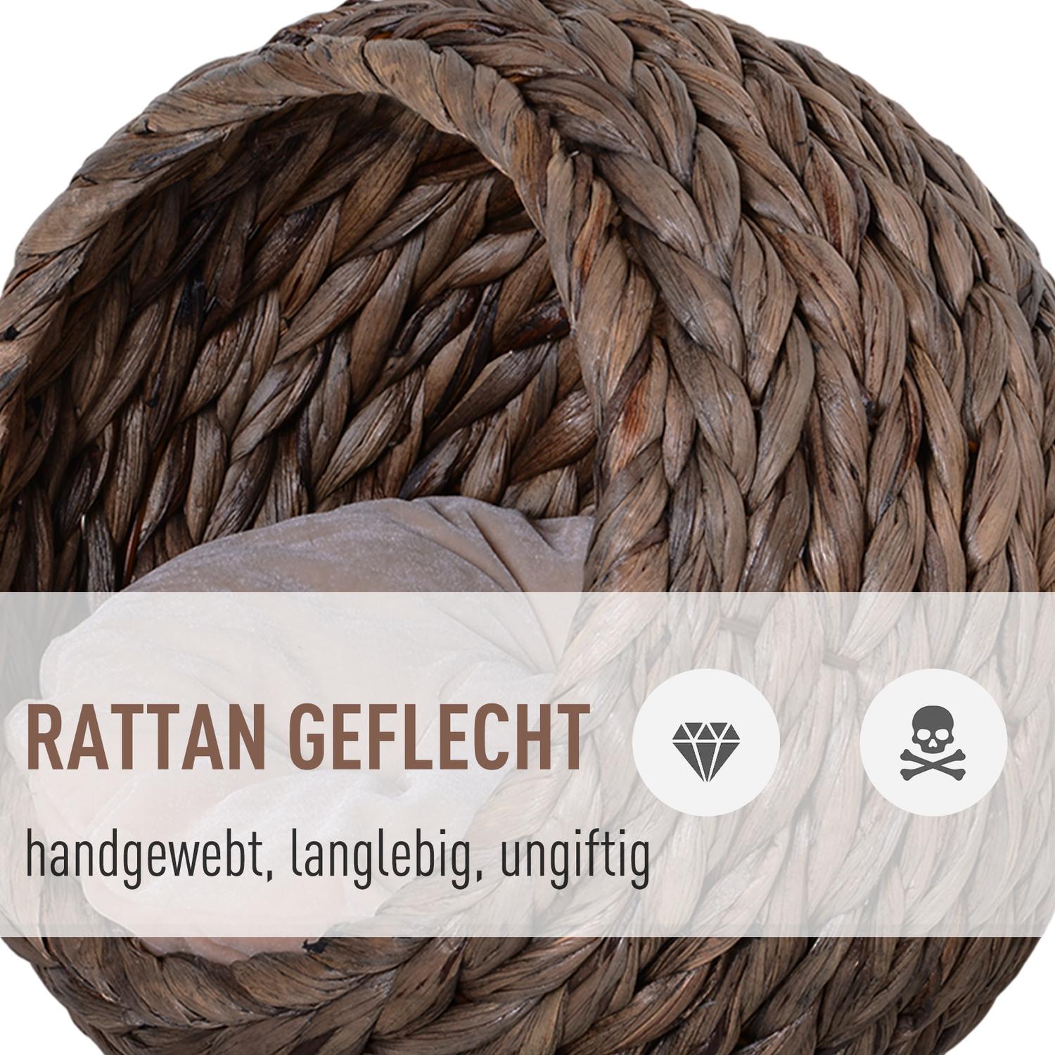 Rattan Cat Cave Bed, mörkbrun, vattenhyacint, med kudde