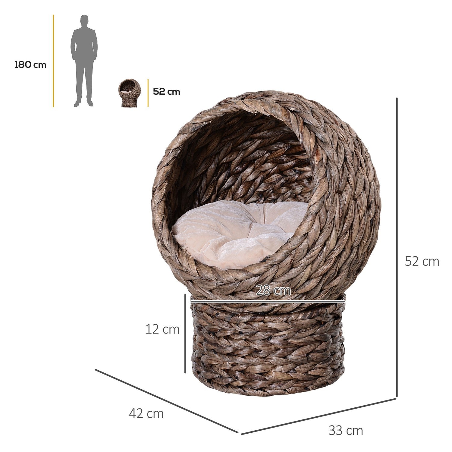 Rattan Cat Cave Bed, mörkbrun, vattenhyacint, med kudde