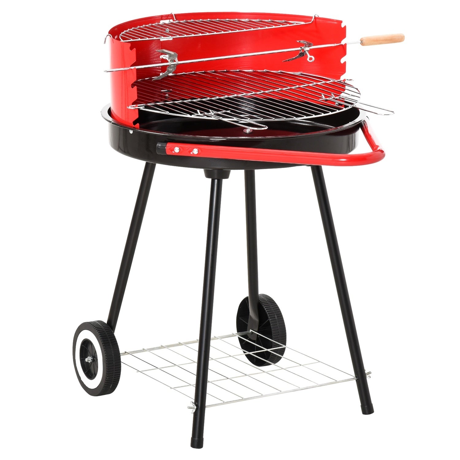 Röd metall kolgrill med hjul, 51x70x75,5cm