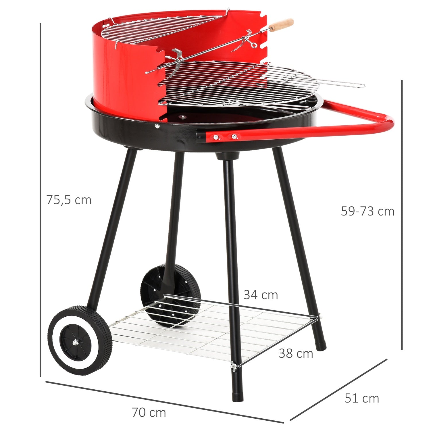 Röd metall kolgrill med hjul, 51x70x75,5cm