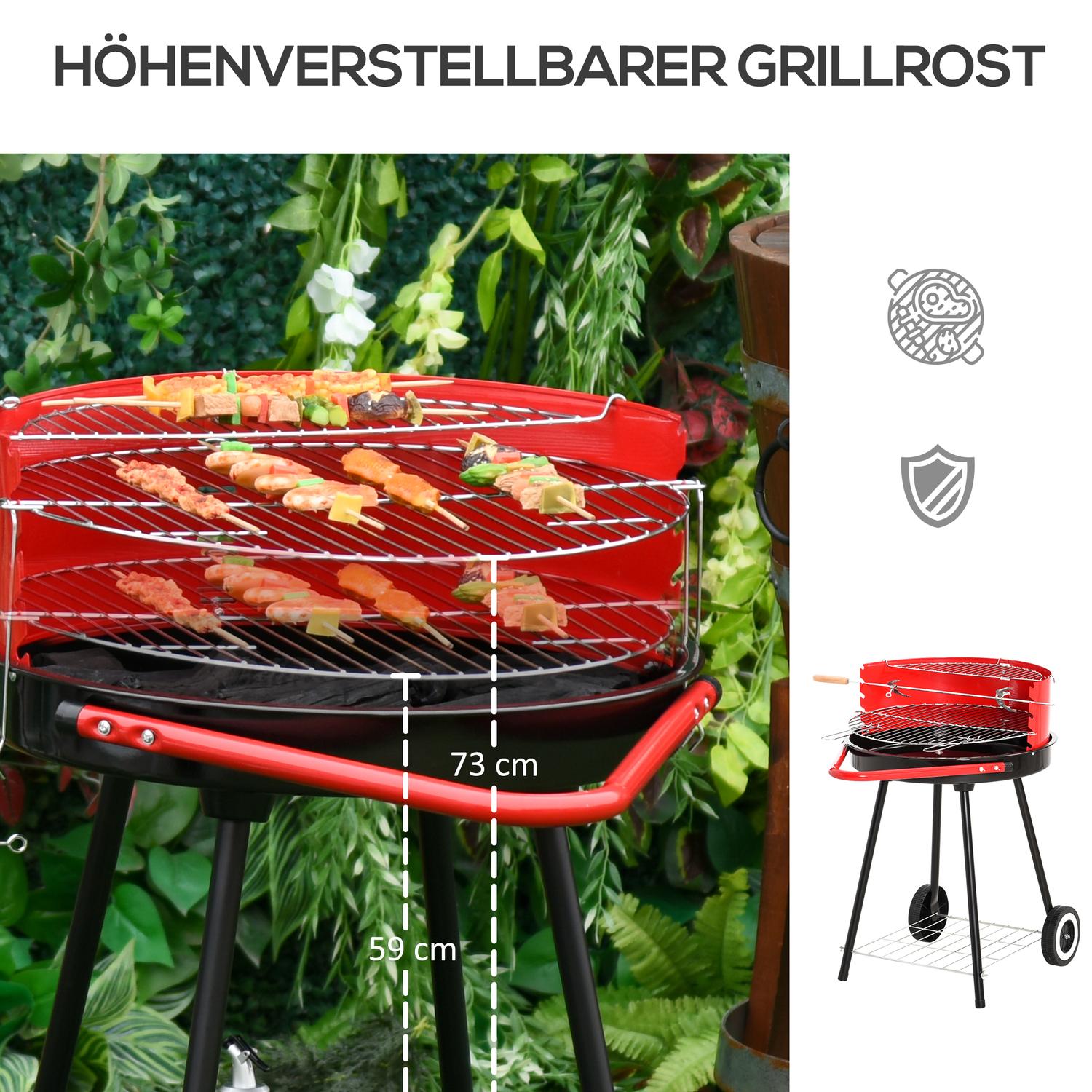 Röd metall kolgrill med hjul, 51x70x75,5cm