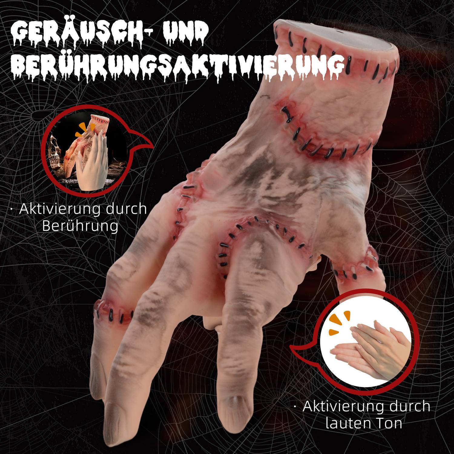 Realistická halloweenská rekvizita ruky Scar, 21 cm, s pohyblivými funkcemi a zvukem