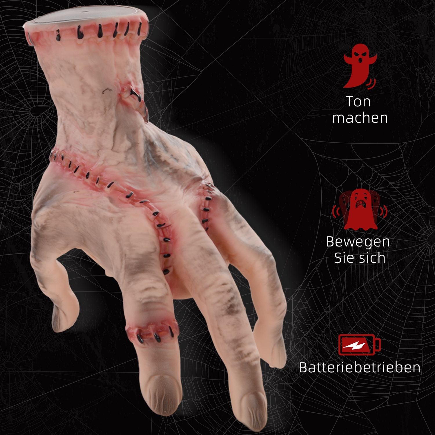 Realistická halloweenská rekvizita ruky Scar, 21 cm, s pohyblivými funkcemi a zvukem