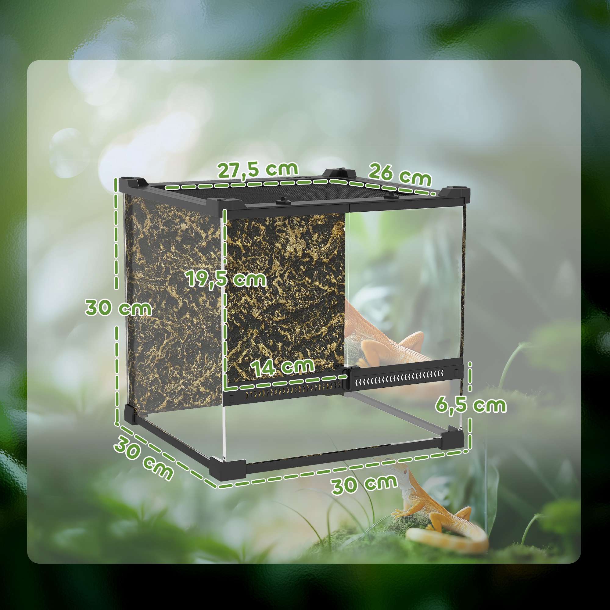 Reptilterrarium i glas, vattentät bas, säkert lås