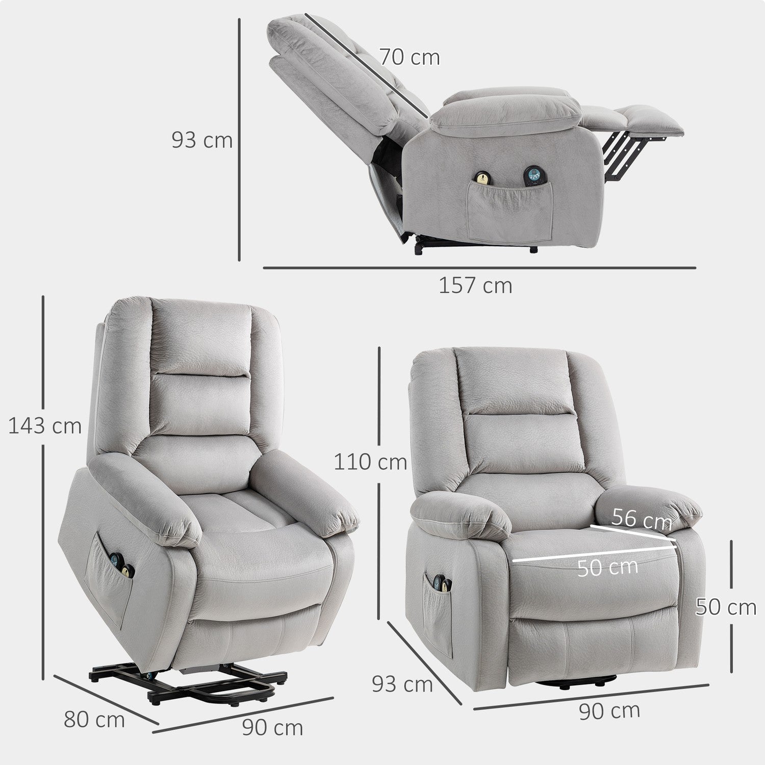 Riser stol med massagefunktion, 90x93x110cm, ljusgrå