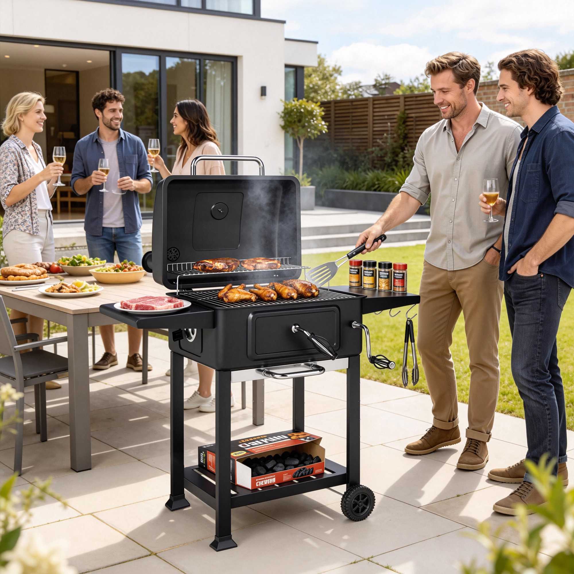 Rökgrill med kolgrill och justerbar kolpanna och termometer
