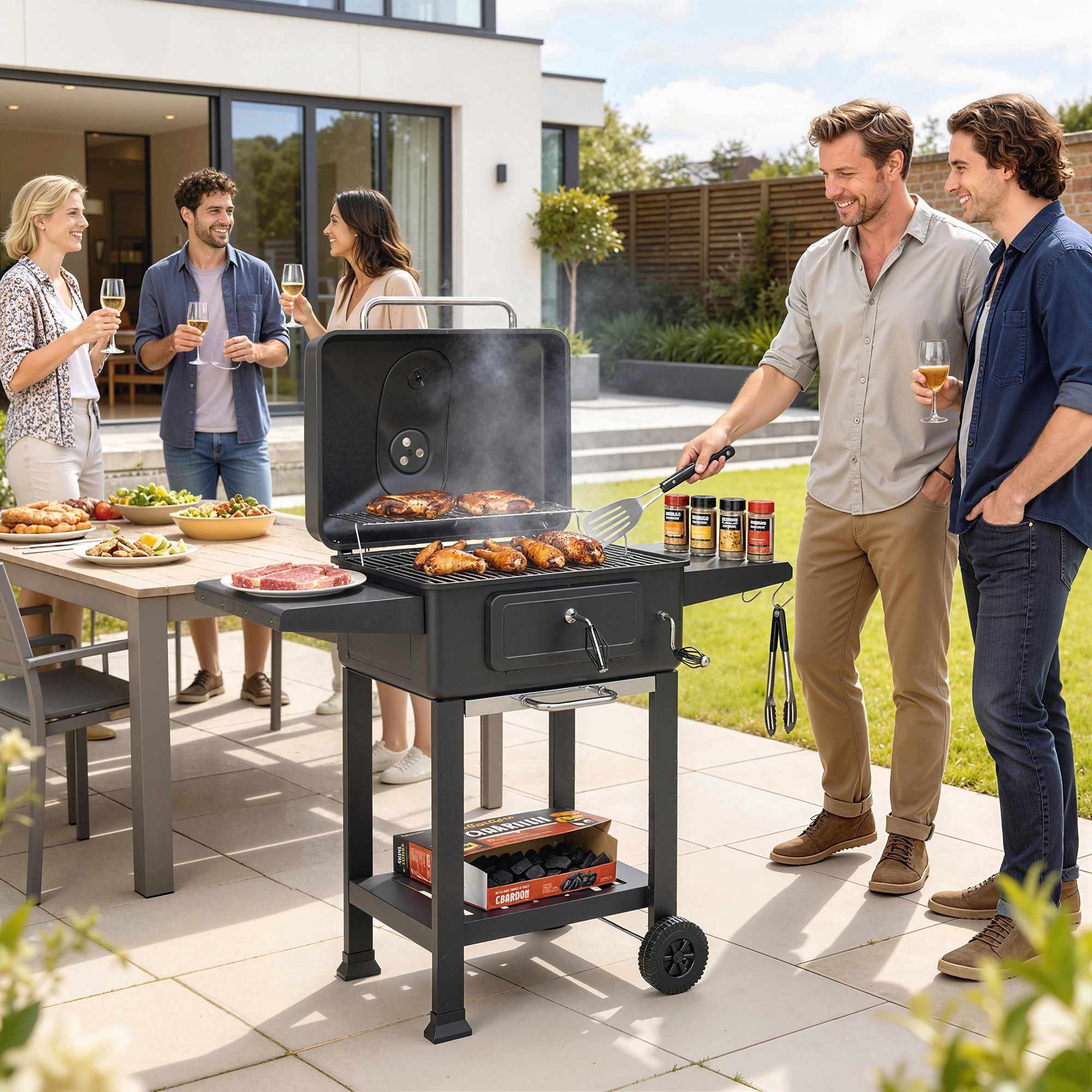 Rökgrill med kolgrill och termometer, justerbart galler