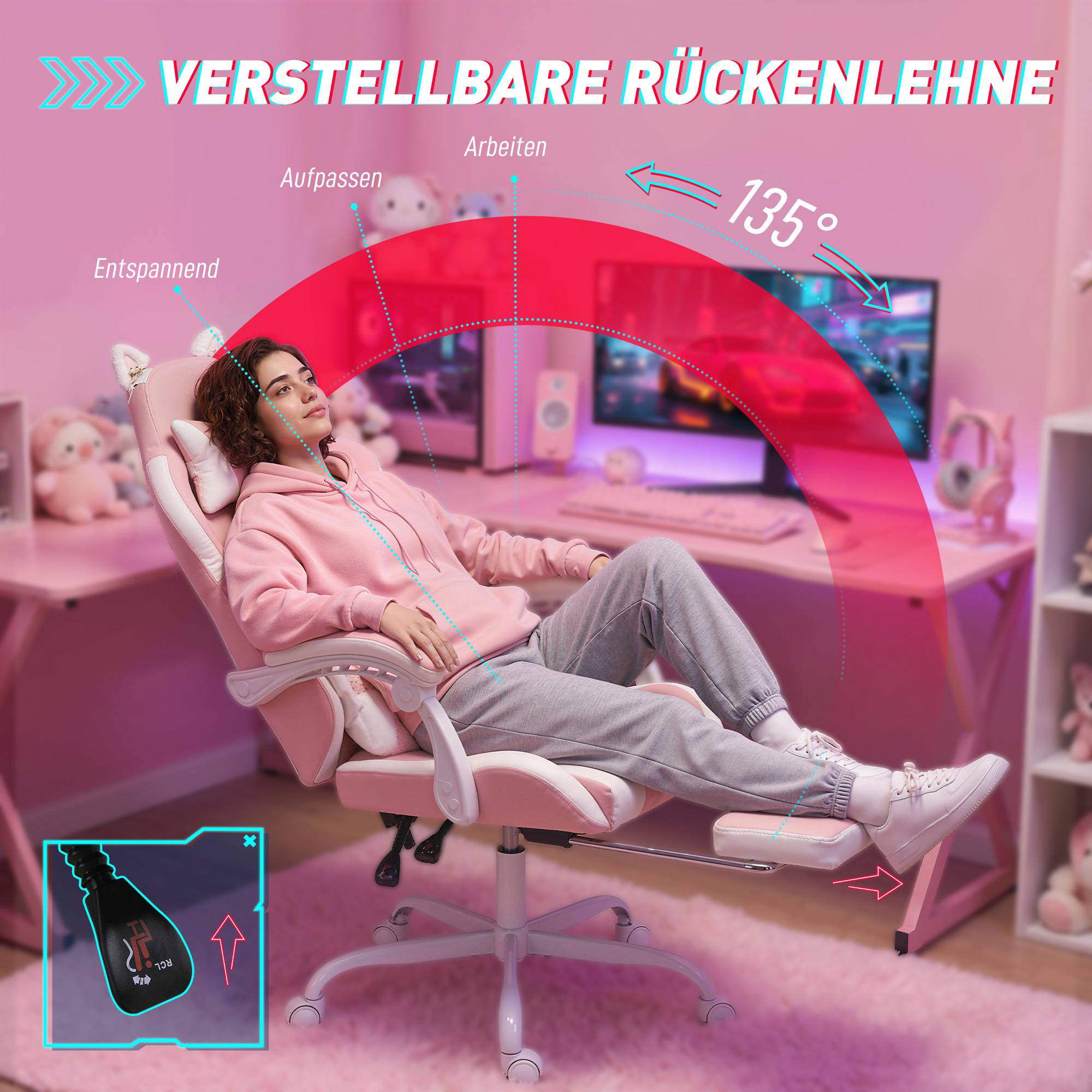 Rosa gamingstol med kattöron och ländryggsstöd