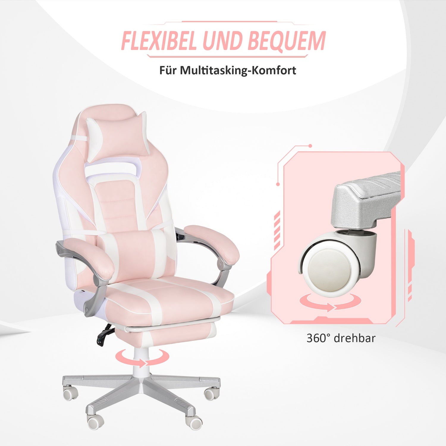 Rosa spelstol med fotstöd och justerbara kuddar