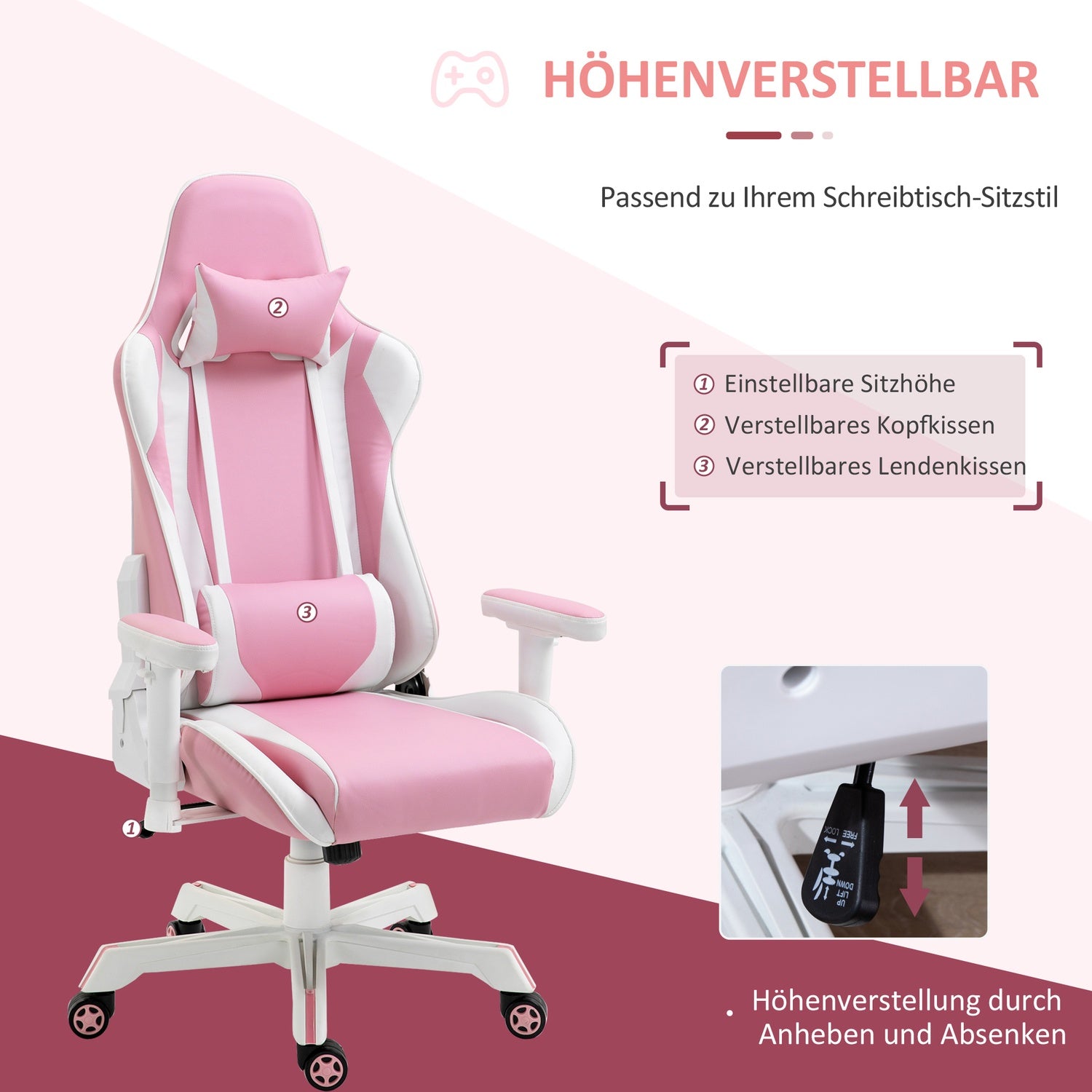 Rosa & vit spelstol, justerbar, svankstöd, konstläder