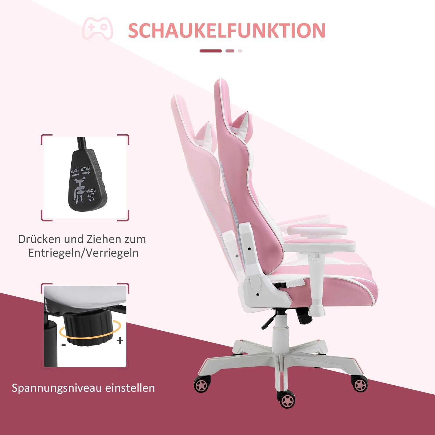 Rosa & vit spelstol, justerbar, svankstöd, konstläder