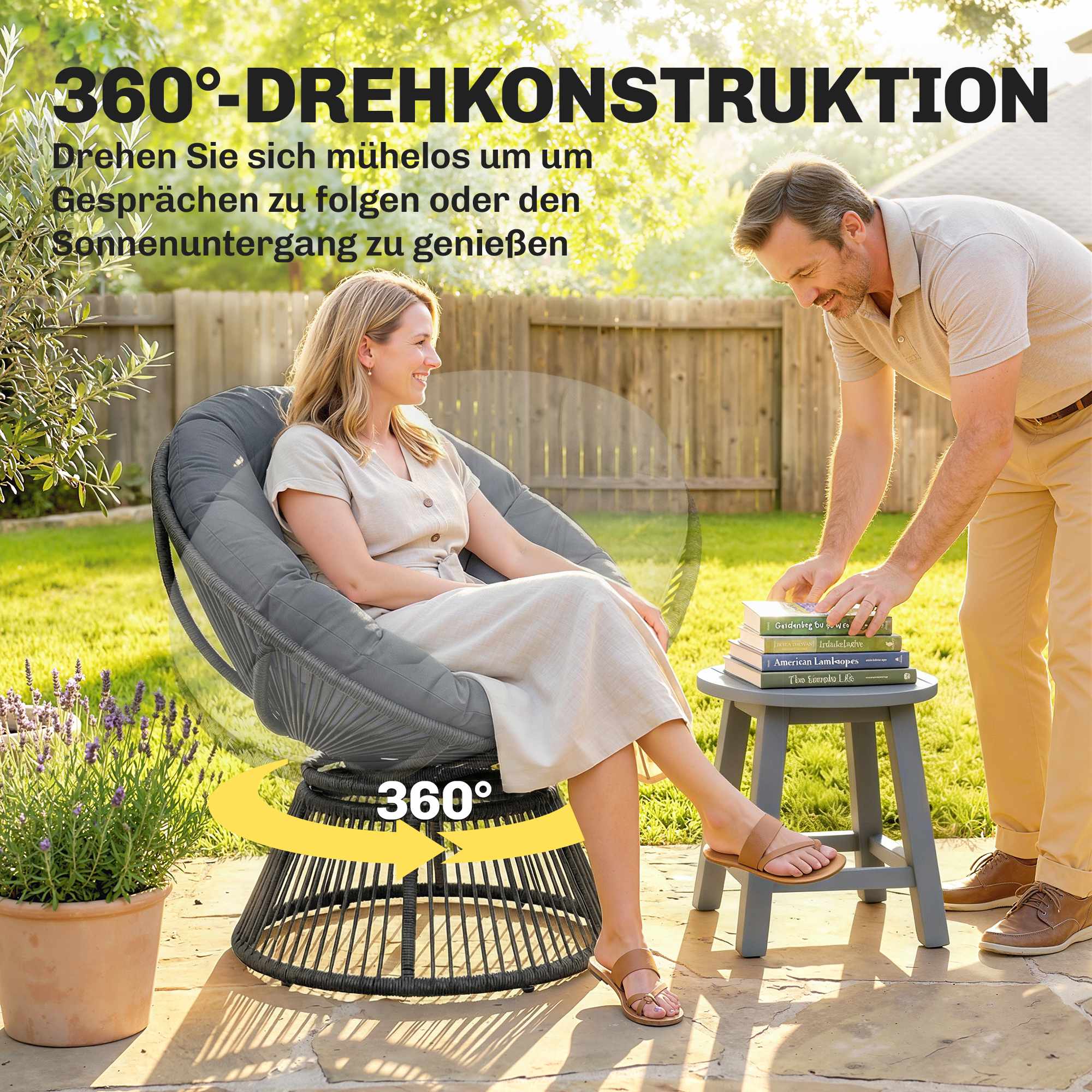Roterande Papasan-stol med dyna, stålram, grå