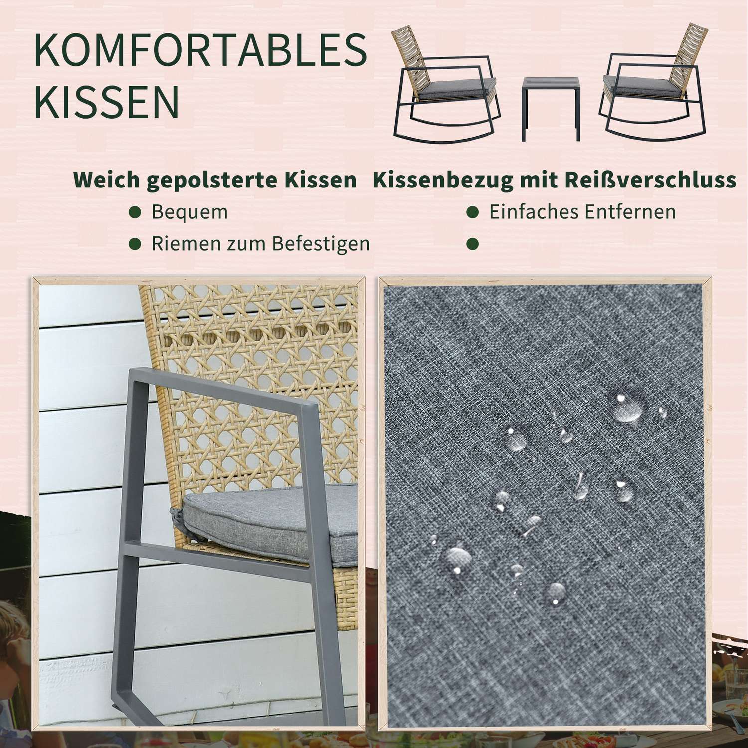 Rotting Bistro gungstolsset, 2 stolar & bord, kuddar