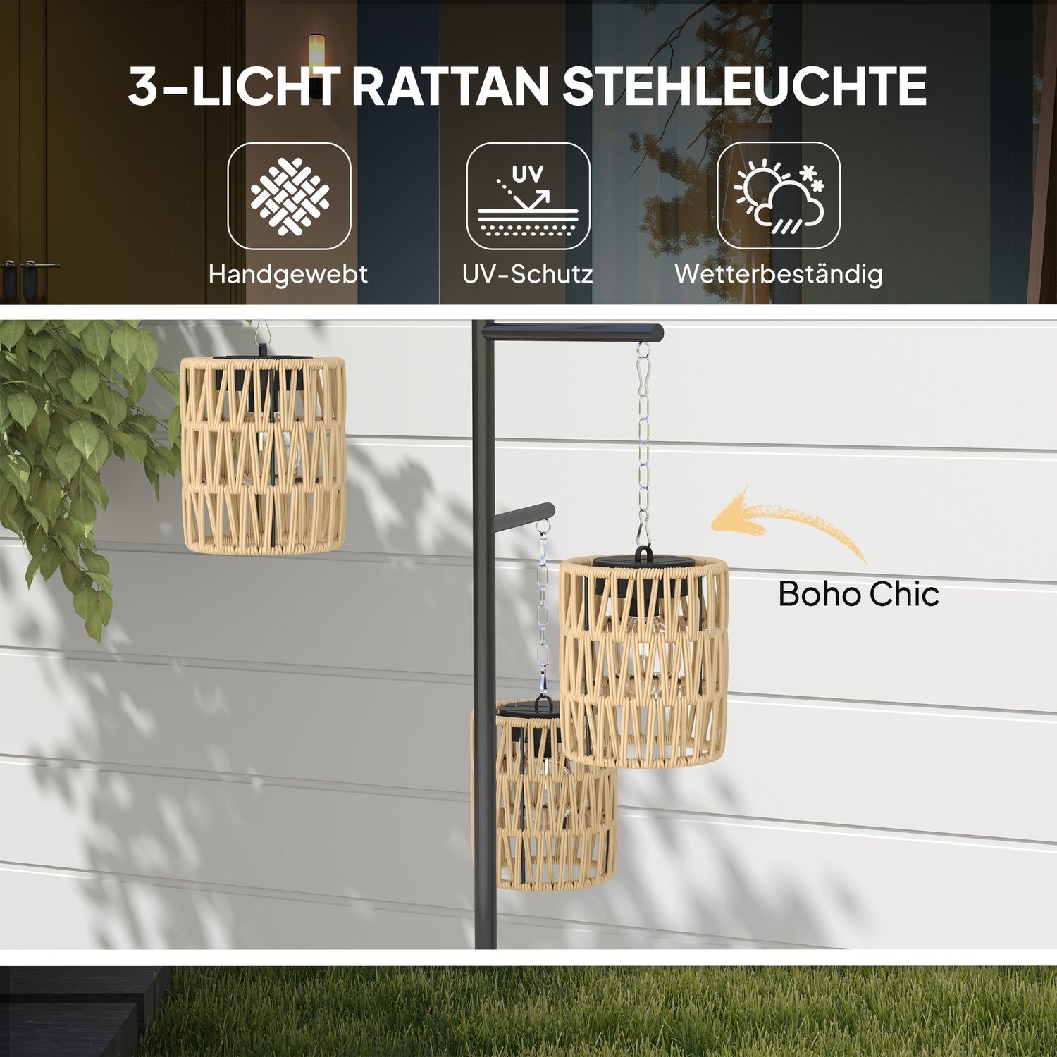 Ratanová solární stojací lampa se světelným senzorem, voděodolná IP44