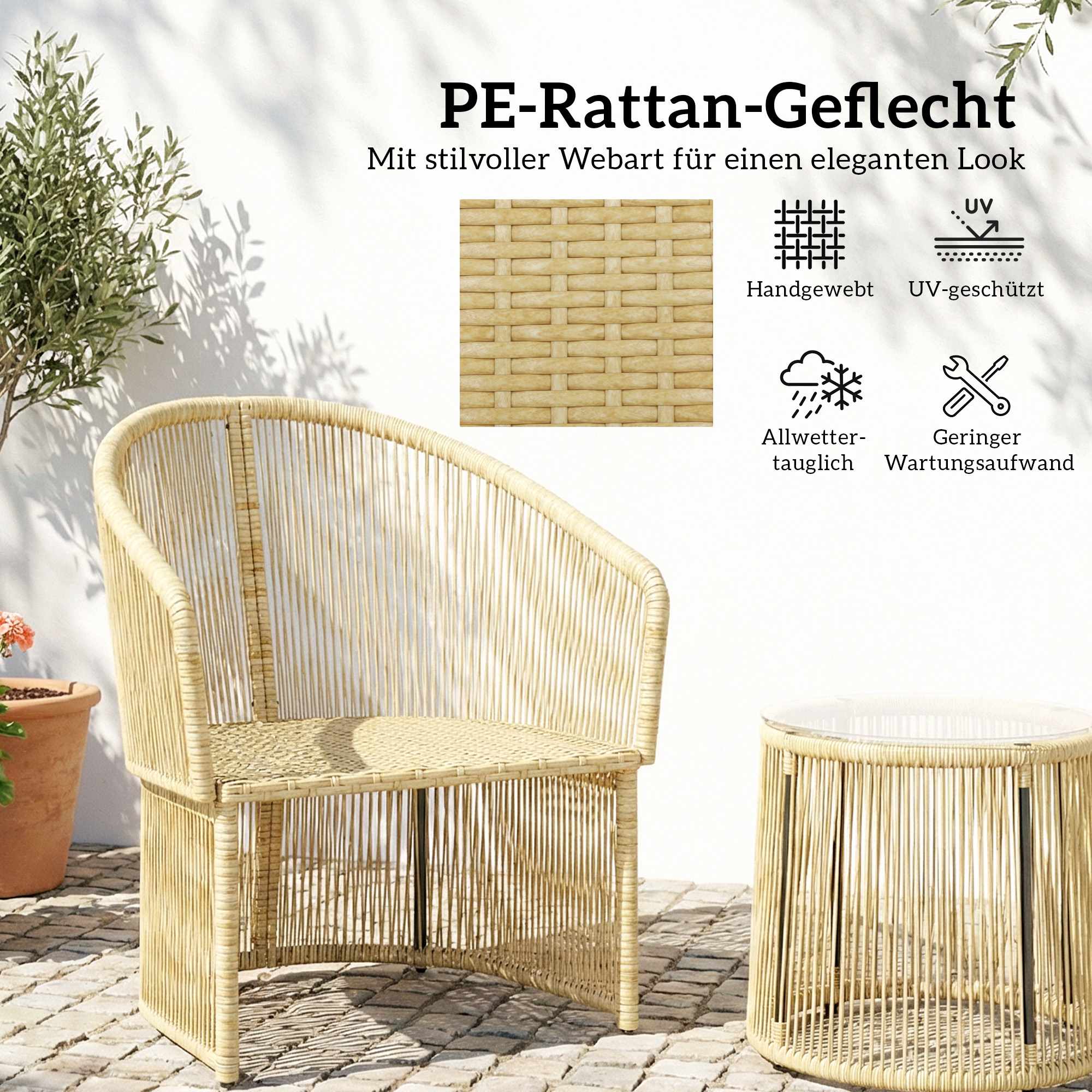 Rotting bistroset med kuddar – bord och 2 stolar