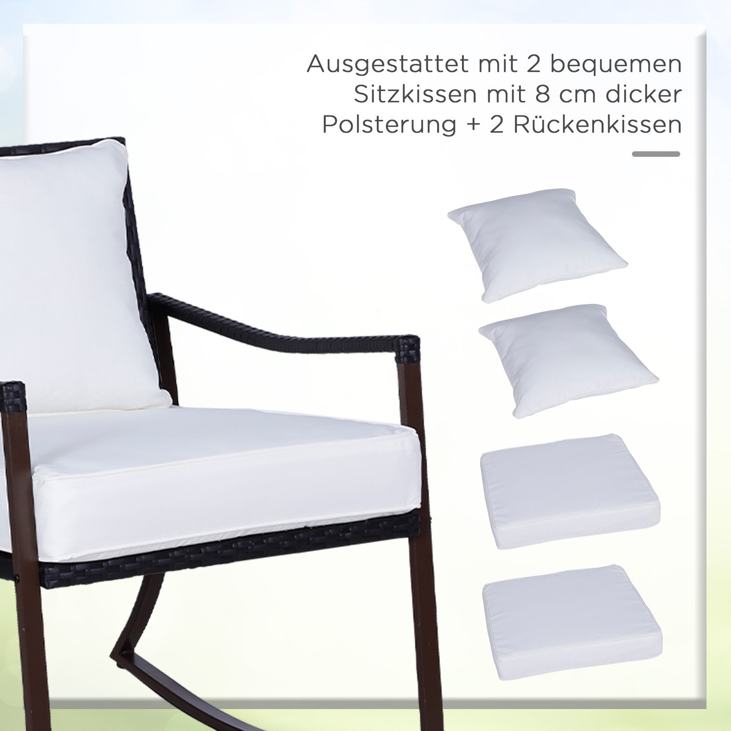 Rotting gungstolsset för 2 med kuddar, brun/vit