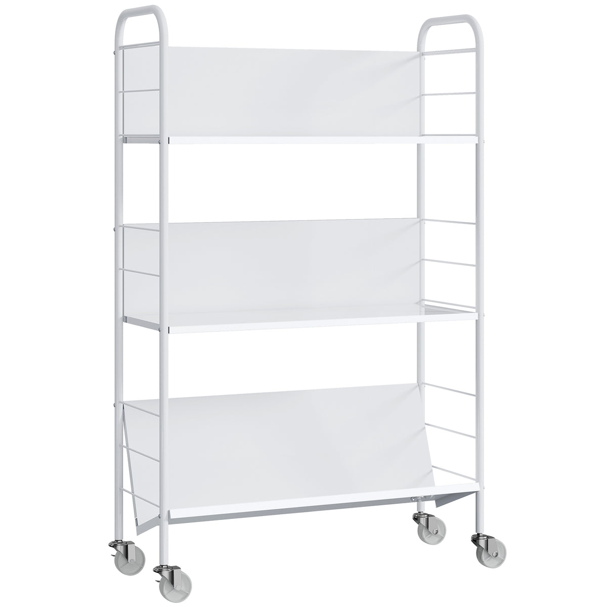 Pojízdný kovový regál na knihy se 3 úrovněmi, 69x26x108 cm, bílý