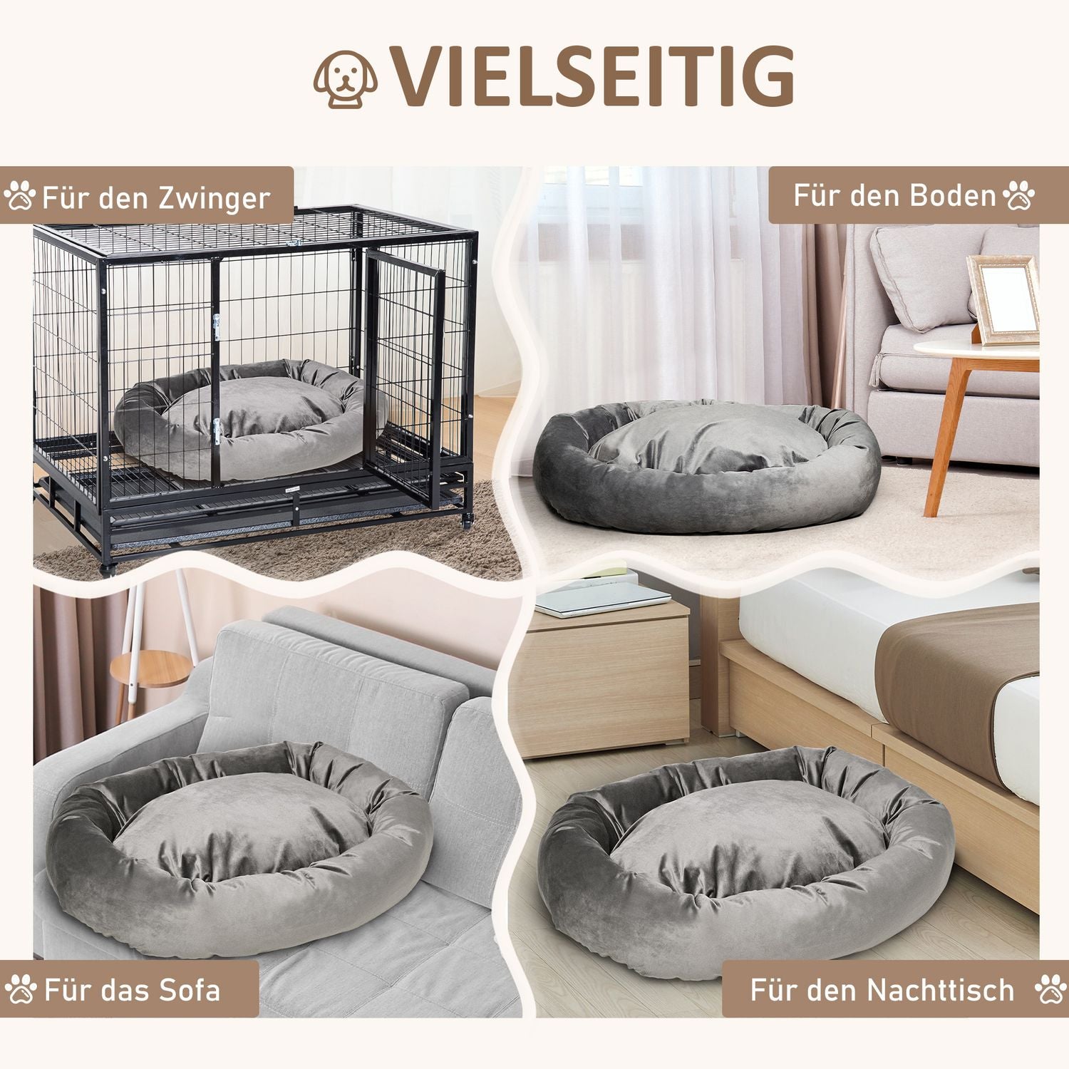 Rund hundsäng – sammetslen polyester, avtagbart överdrag, grå