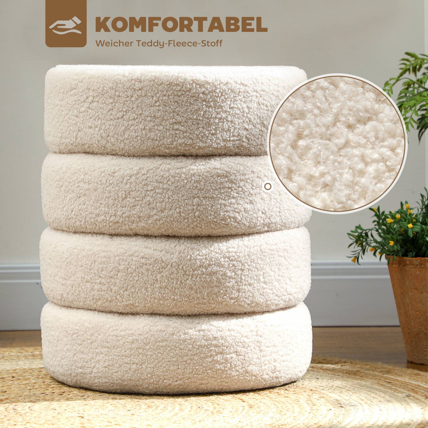 Rund ottoman, Teddy Fleece, 120 kg Kapacitet, Beige