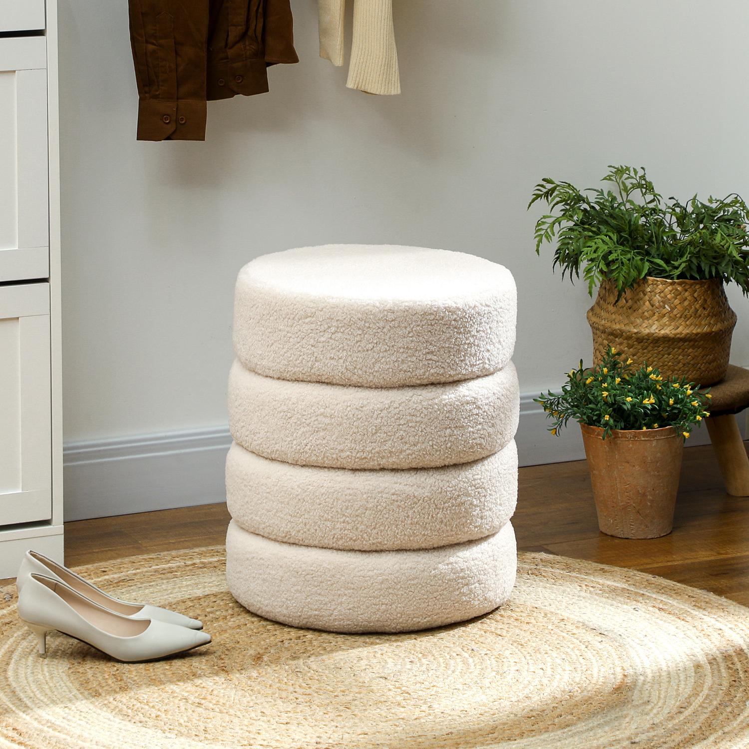 Rund ottoman, Teddy Fleece, 120 kg Kapacitet, Beige