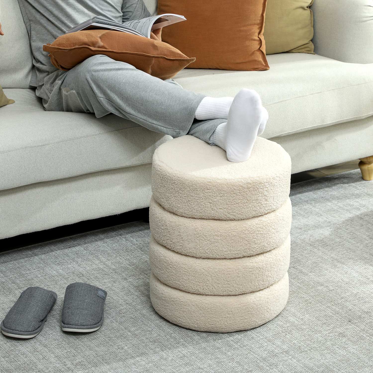 Rund ottoman, Teddy Fleece, 120 kg Kapacitet, Beige
