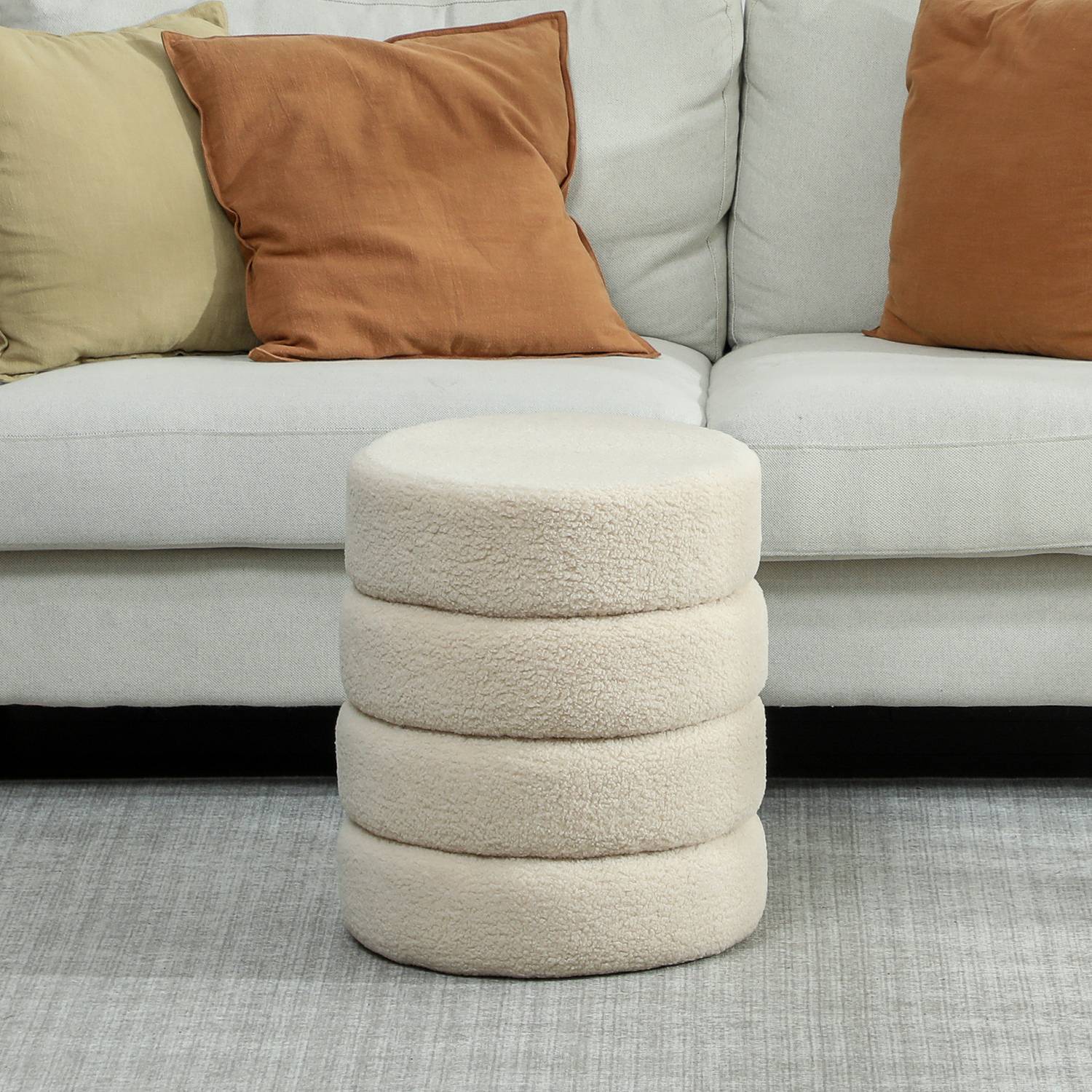 Rund ottoman, Teddy Fleece, 120 kg Kapacitet, Beige