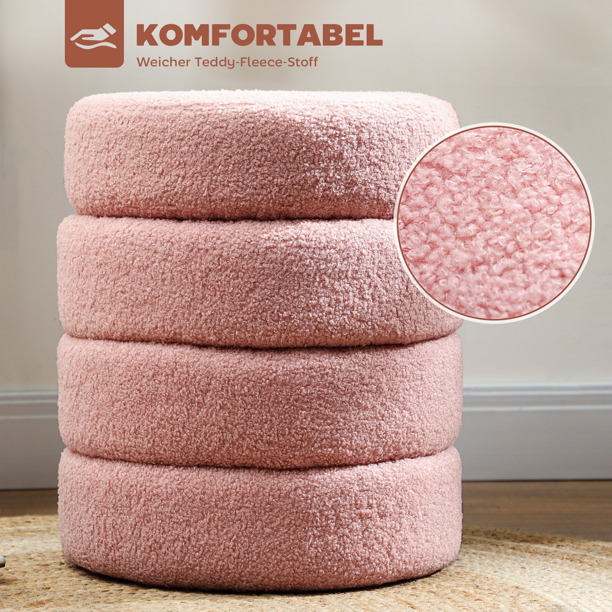 Rund ottomansk, Teddy Fleece, Rosa, 120 kg Kapacitet, 40x45 cm