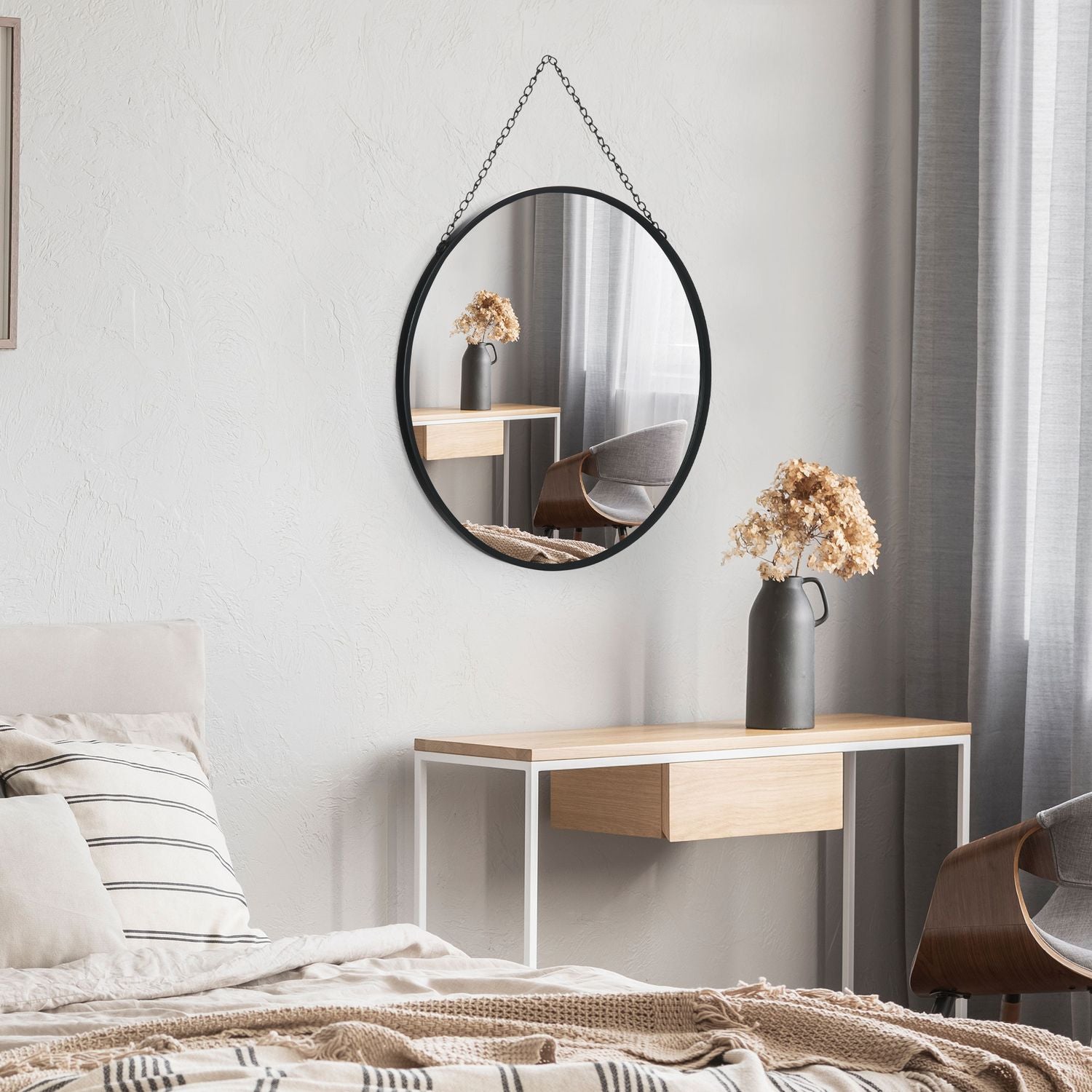 Rund väggspegel, sminkspegel, 50 Cm, svart metallram