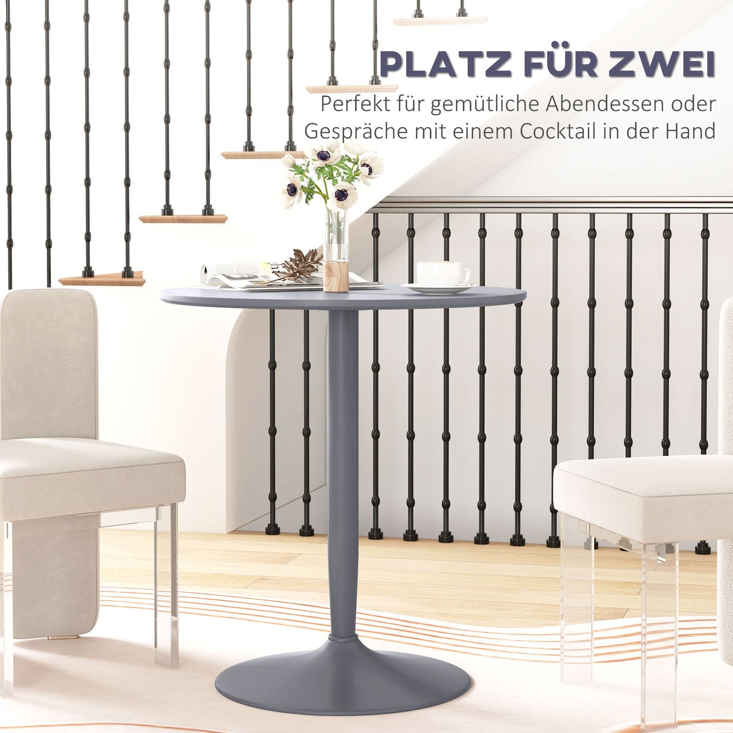 Kulatý šedý jídelní stůl pro 2 osoby – moderní ocelové nohy