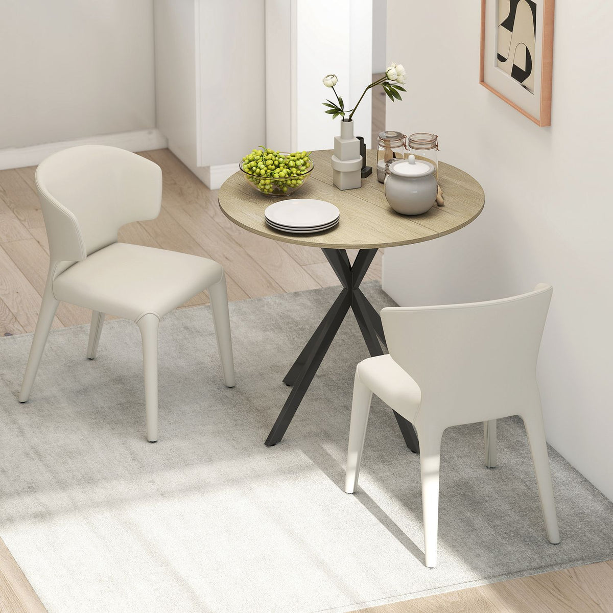 Kulatý kuchyňský stůl, 80 cm, kompaktní stolová deska, dřevotříska, kov, bílý dub+černá