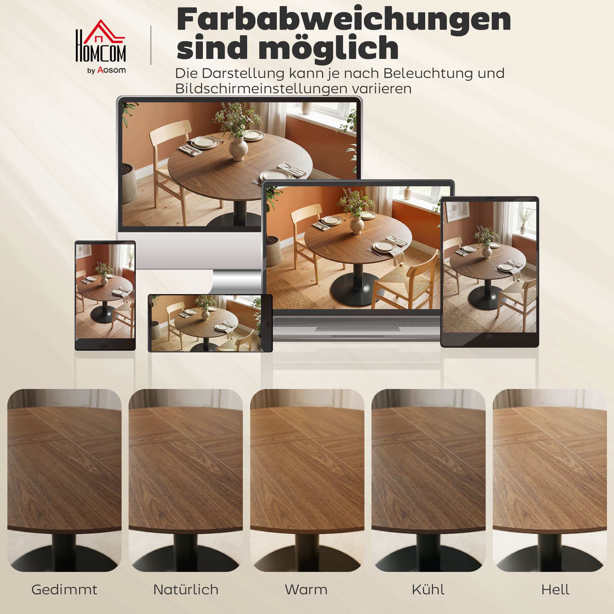 Runt matbord, 110 cm, MDF och stål, plats för 6