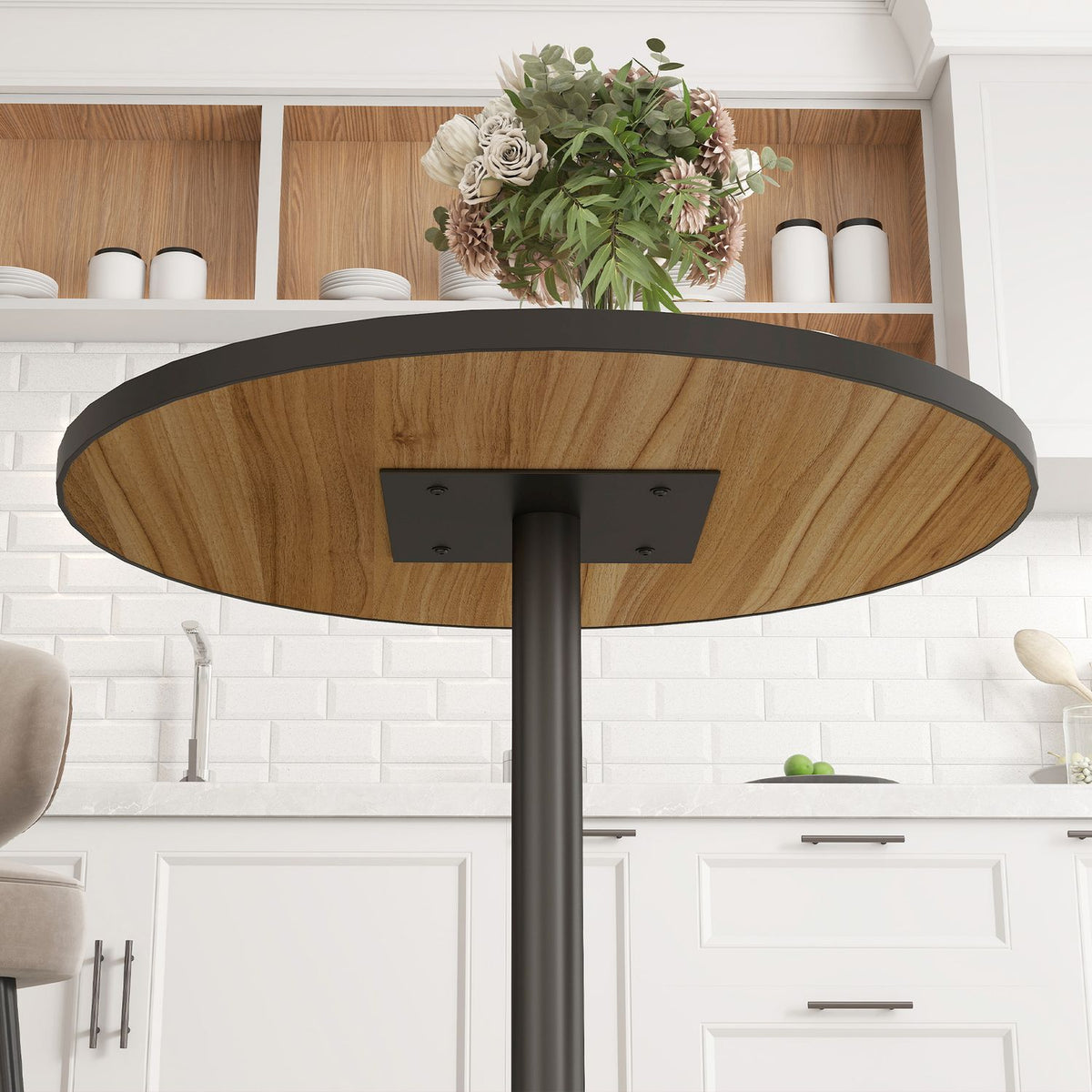 Kulatý jídelní stůl, vzhled dubu, kompaktní design, pro 2-4 osoby, dub