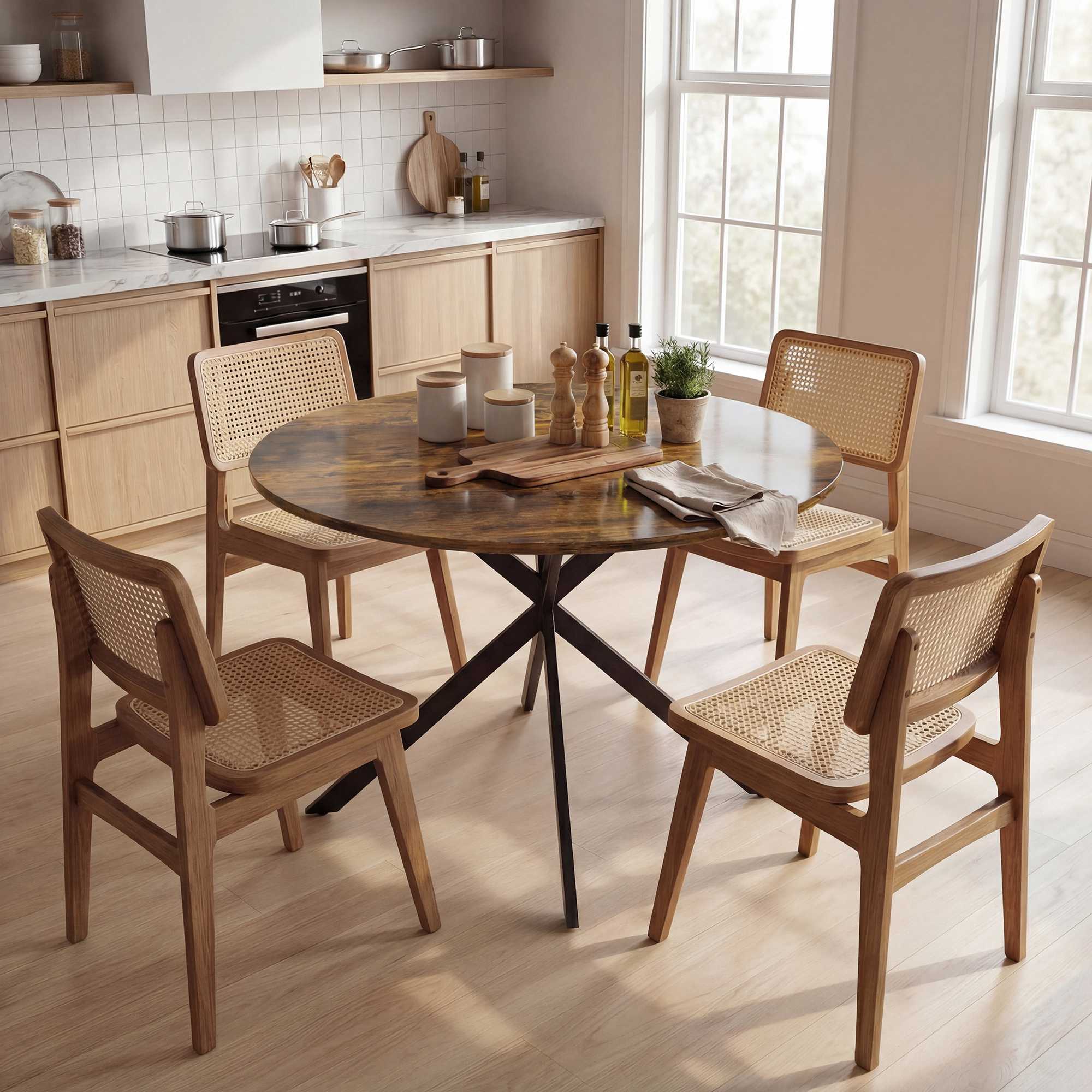 Runt matbord, träliknande yta, plats för 4, Ø100 cm