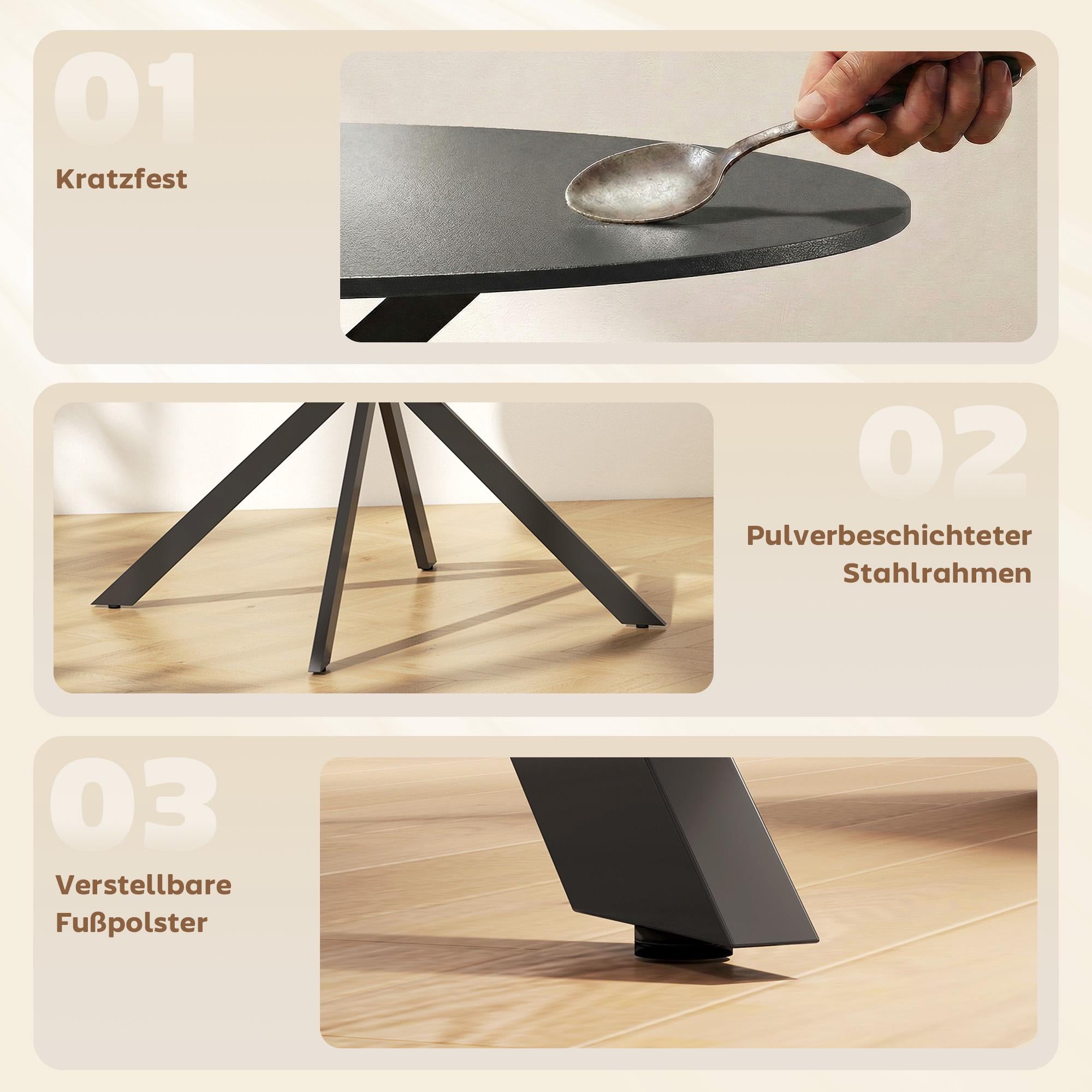 Runt matbord, träliknande yta, plats för 4, 120 cm