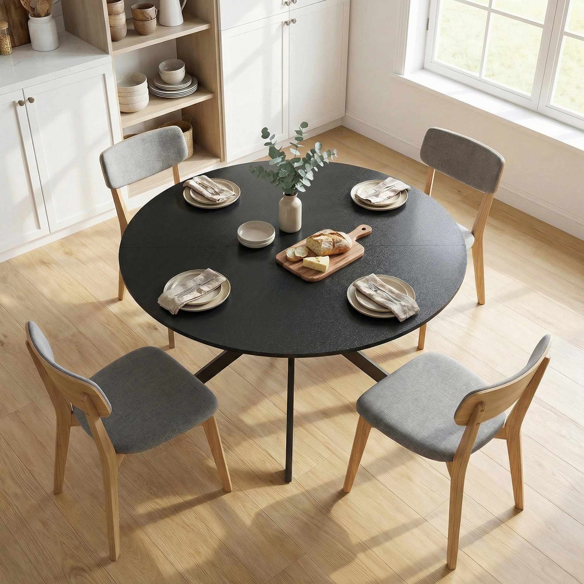 Runt matbord, träliknande yta, plats för 4, 120 cm