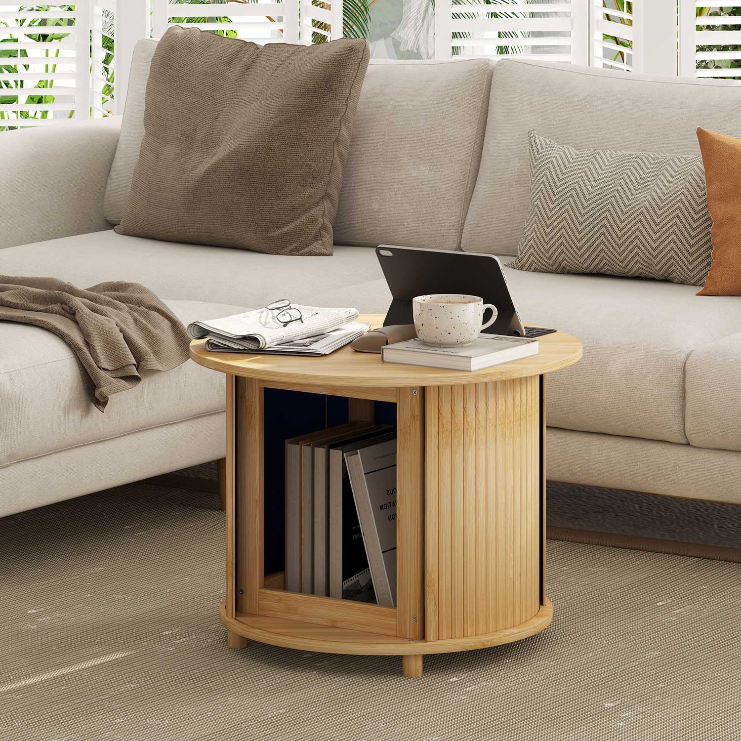 Kulatý bambusový konferenční stolek s úložným prostorem – moderní design