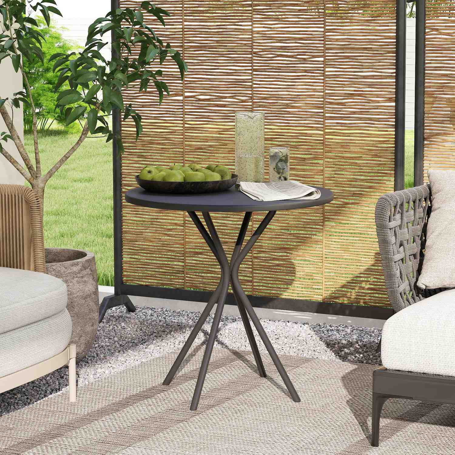 Kulatý černý venkovní ocelový stůl, Ø60 x 70 cm – odolný proti povětrnostním vlivům a polstrovaný