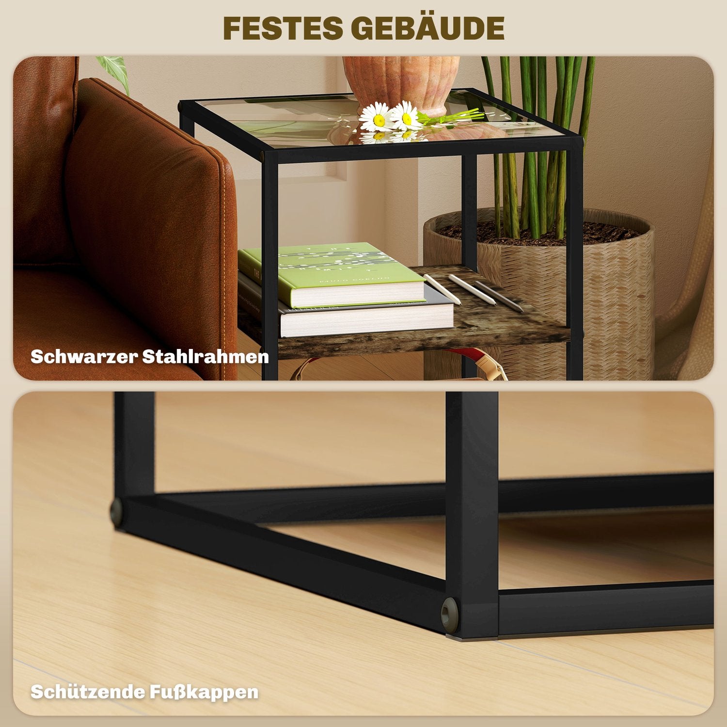 Rustikt brunt 3-vånings soffbord i glas - set om 2