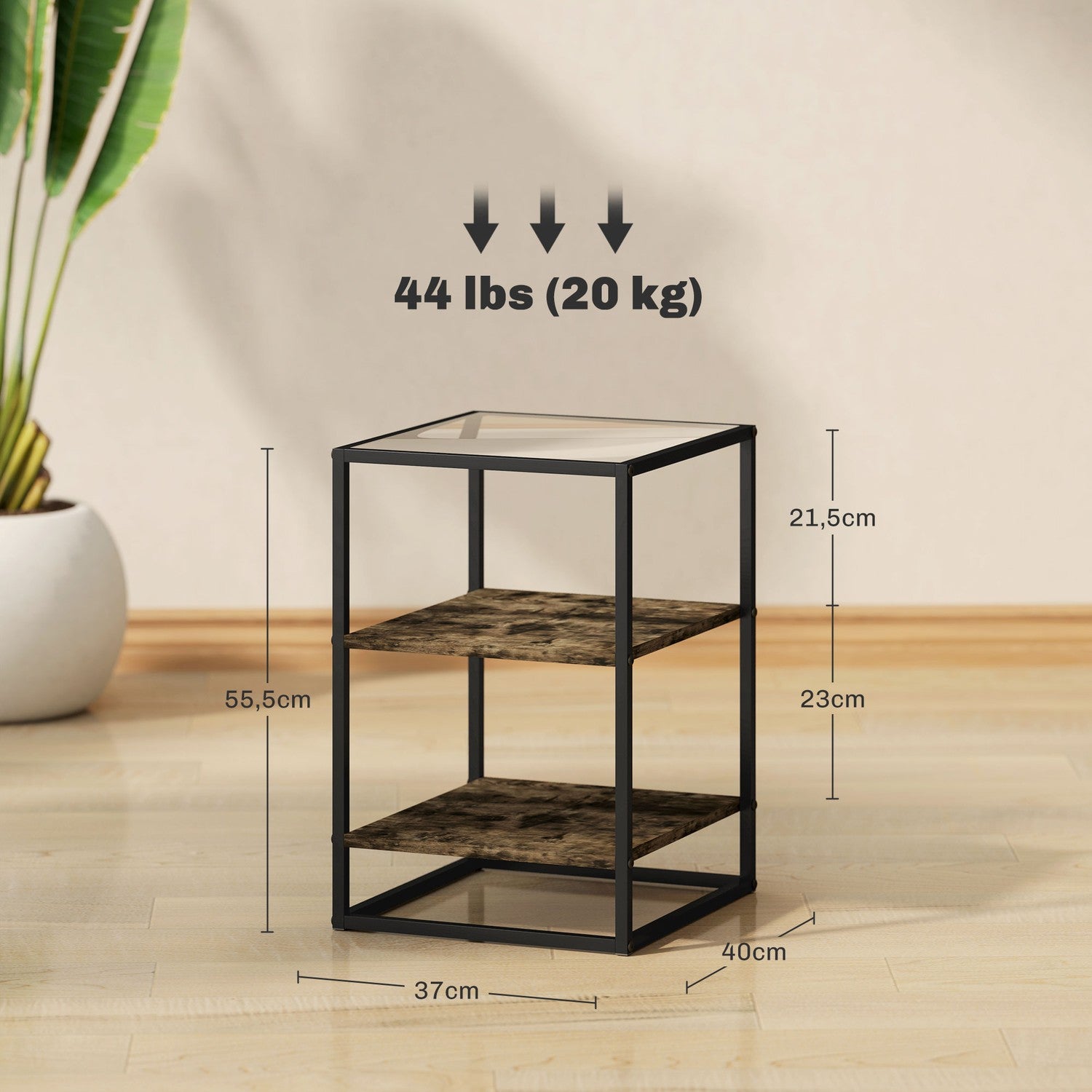 Rustikt brunt 3-vånings soffbord i glas - set om 2