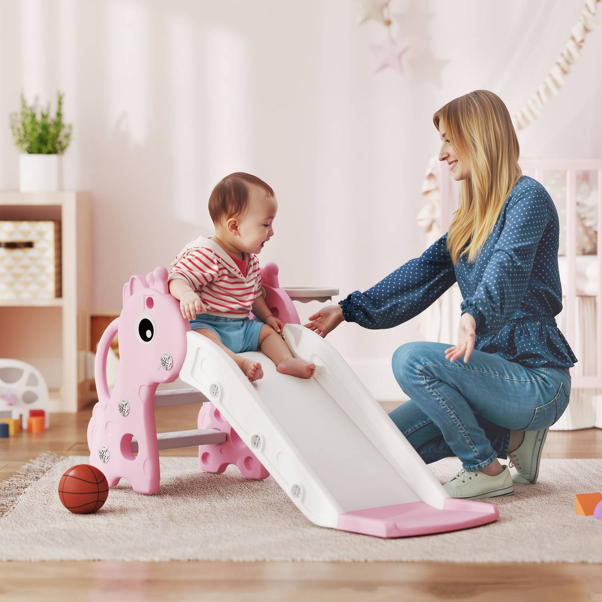 Rutschkana med basketkorg för småbarn, giraffdesign, rosa