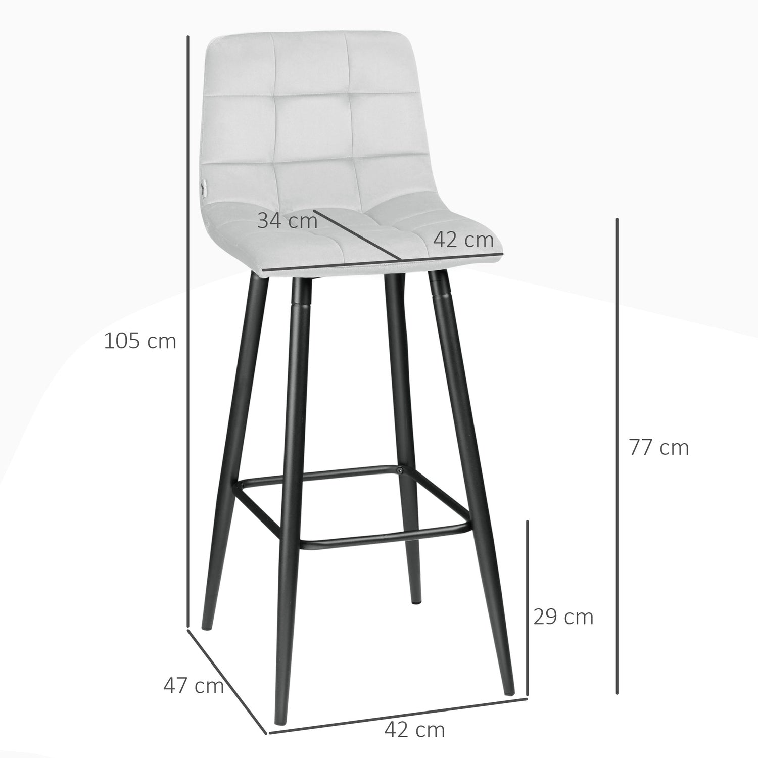 Sammetsbänkspall med fotstöd, set om 2 – ljusgrå